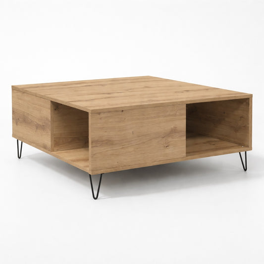 Table basse en bois chêne artisanal, design moderne avec niches de rangement pour table basse de salon.