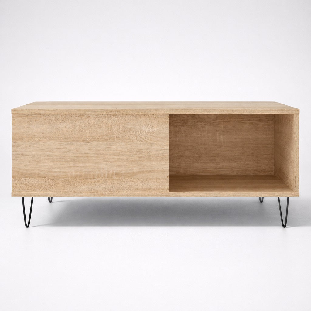 Table basse de salon en bois chêne sonoma, lignes équilibrées et rangements ouverts fonctionnels.