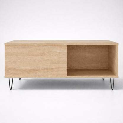 Table basse de salon en bois chêne sonoma, lignes équilibrées et rangements ouverts fonctionnels.