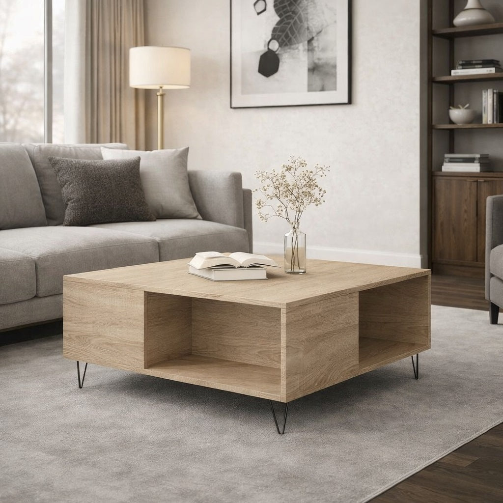 Table basse en bois design avec rangements ouverts, idéale comme table basse de salon moderne et chaleureuse.