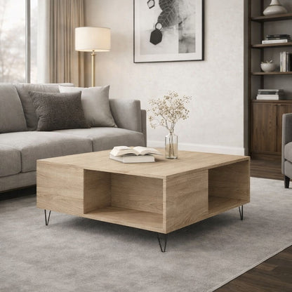 Table basse en bois design avec rangements ouverts, idéale comme table basse de salon moderne et chaleureuse.