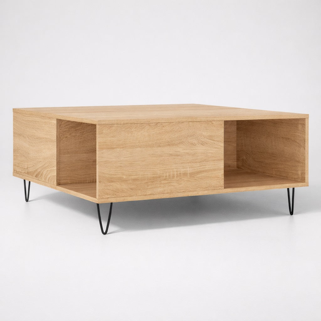 Table basse en bois chêne sonoma, design épuré avec niches de rangement pour table basse de salon.