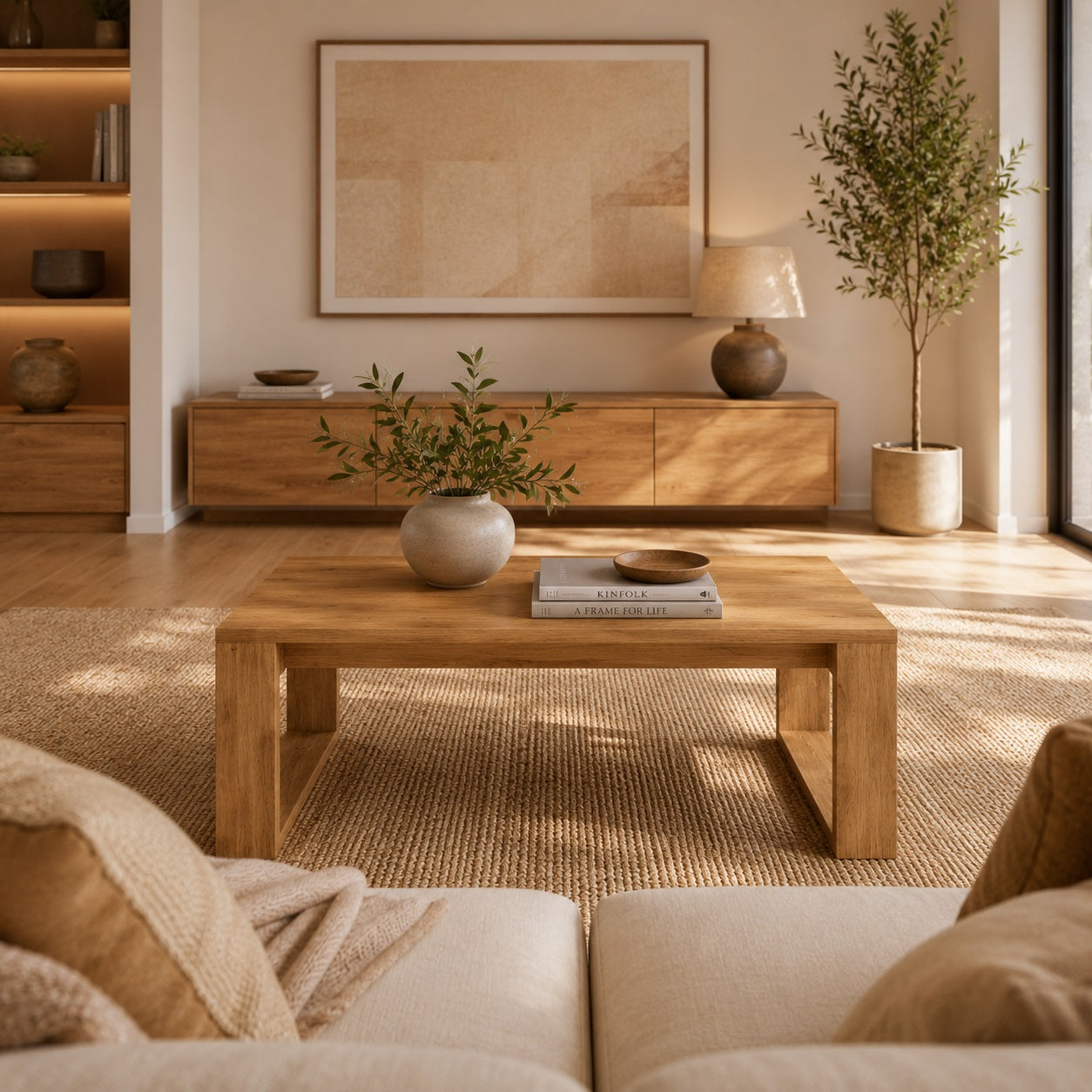 Table basse de salon en bois naturel dans intérieur contemporain lumineux et épuré