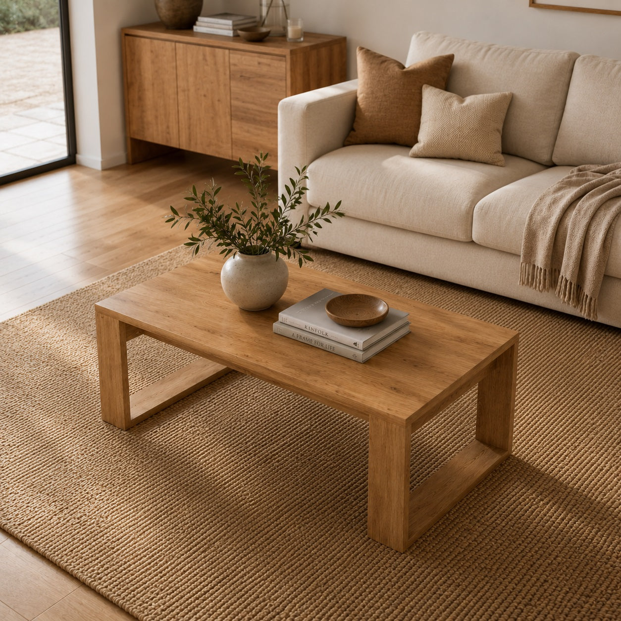 Table basse en bois rectangulaire dans salon moderne avec canapé beige et tapis naturel
