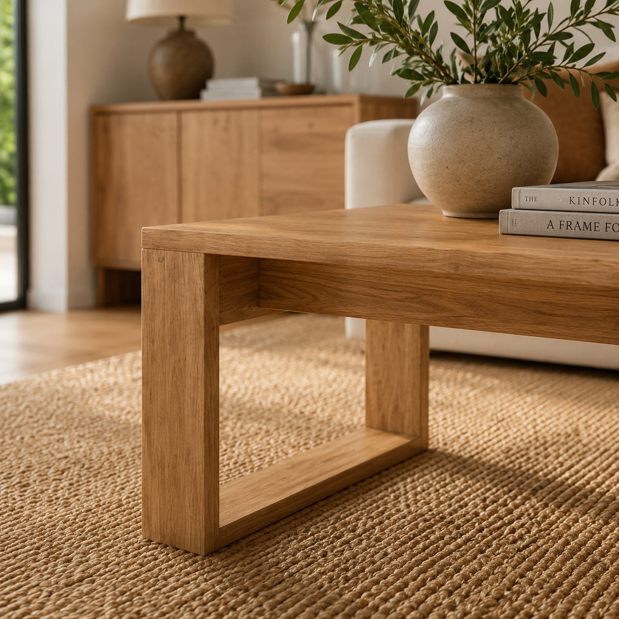 Détail table basse de salon en bois avec finition chêne naturel et décoration minimaliste