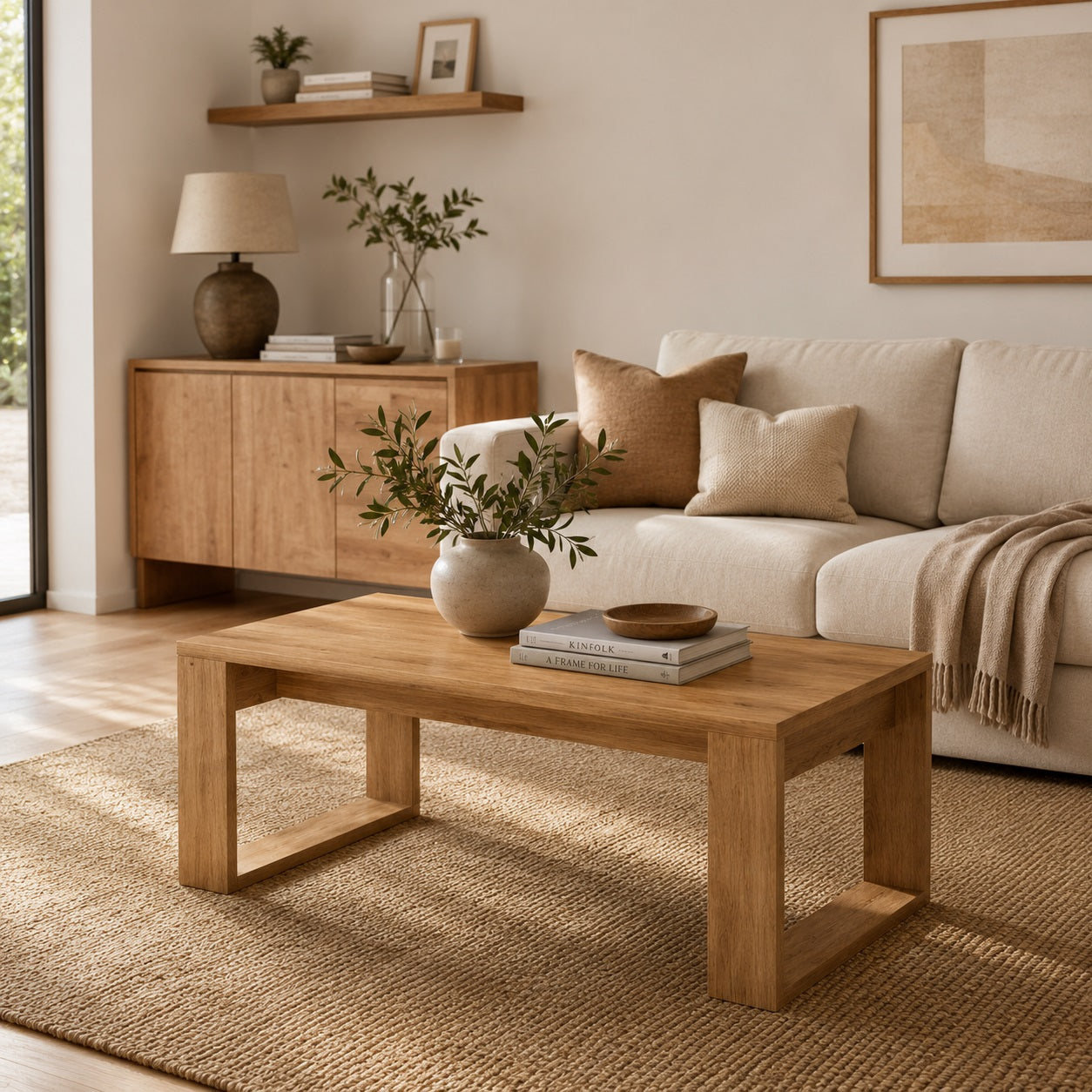 Table basse en bois dans salon beige moderne avec décoration naturelle et ambiance chaleureuse