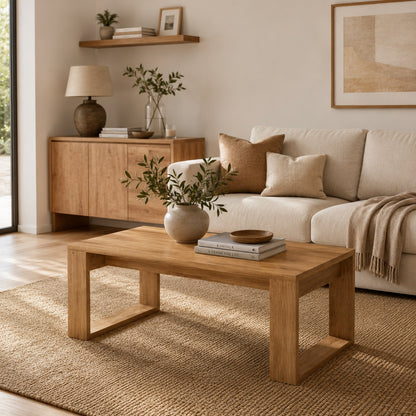 Table basse en bois dans salon beige moderne avec décoration naturelle et ambiance chaleureuse
