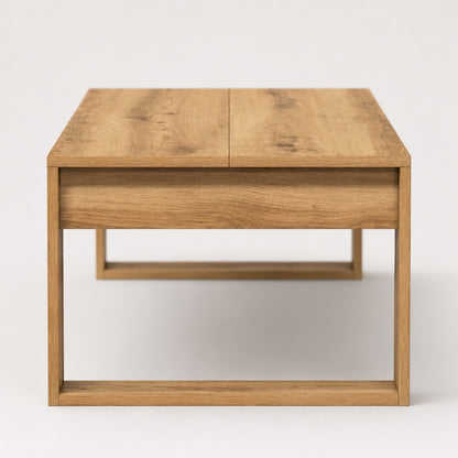 Vue latérale table basse en bois moderne avec structure rectangulaire design et finition chêne