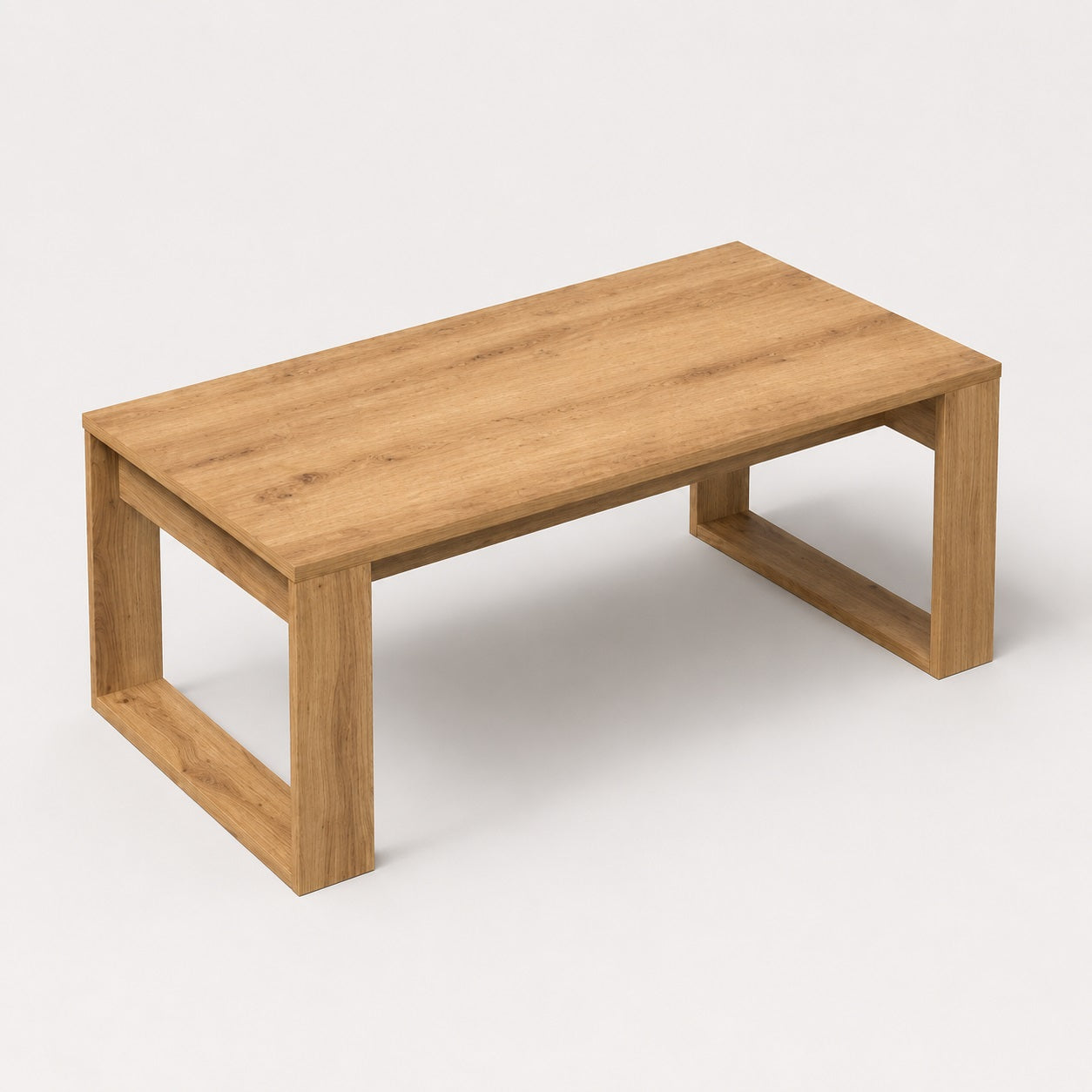 Vue en hauteur table basse en bois rectangulaire moderne avec plateau finition chêne clair