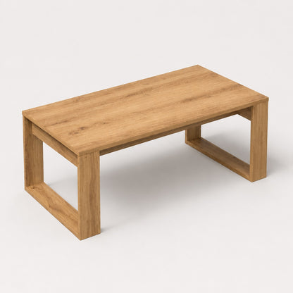 Vue en hauteur table basse en bois rectangulaire moderne avec plateau finition chêne clair