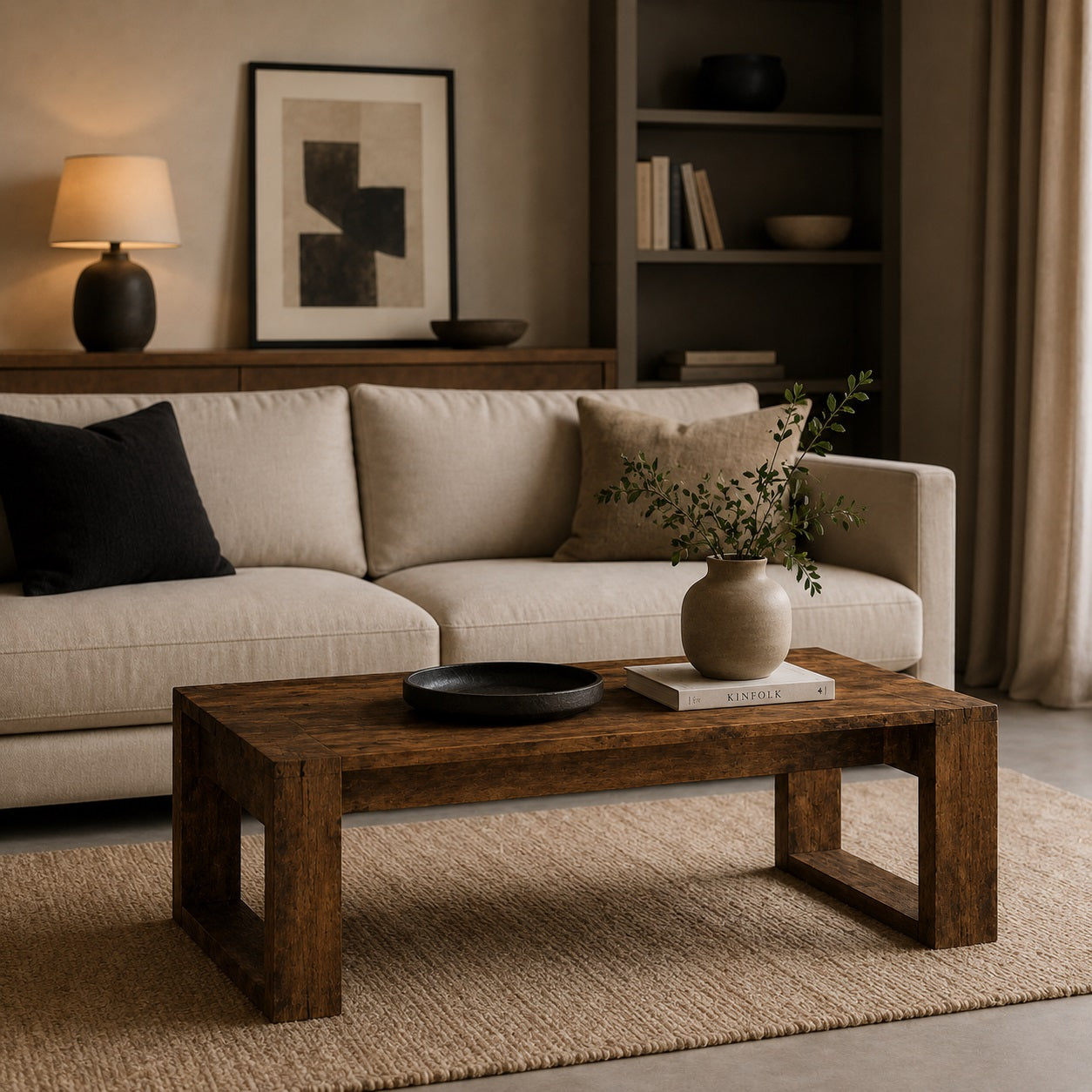Table basse en bois chêne fumé dans salon moderne avec canapé beige et décoration chaleureuse