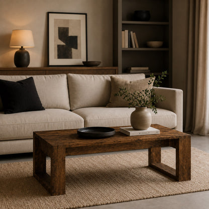 Table basse en bois chêne fumé dans salon moderne avec canapé beige et décoration chaleureuse