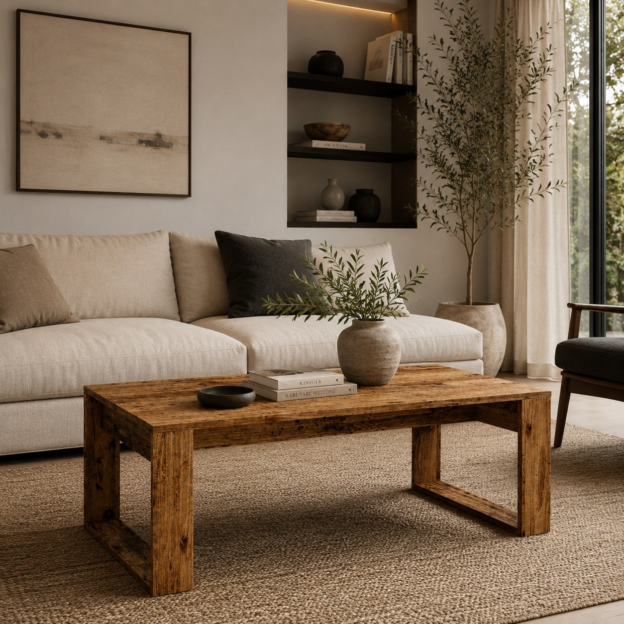 Table basse de salon en bois vieux chêne dans intérieur chaleureux style naturel moderne