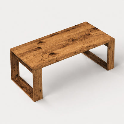 Vue dessus table basse en bois vieux chêne avec texture rustique et style contemporain