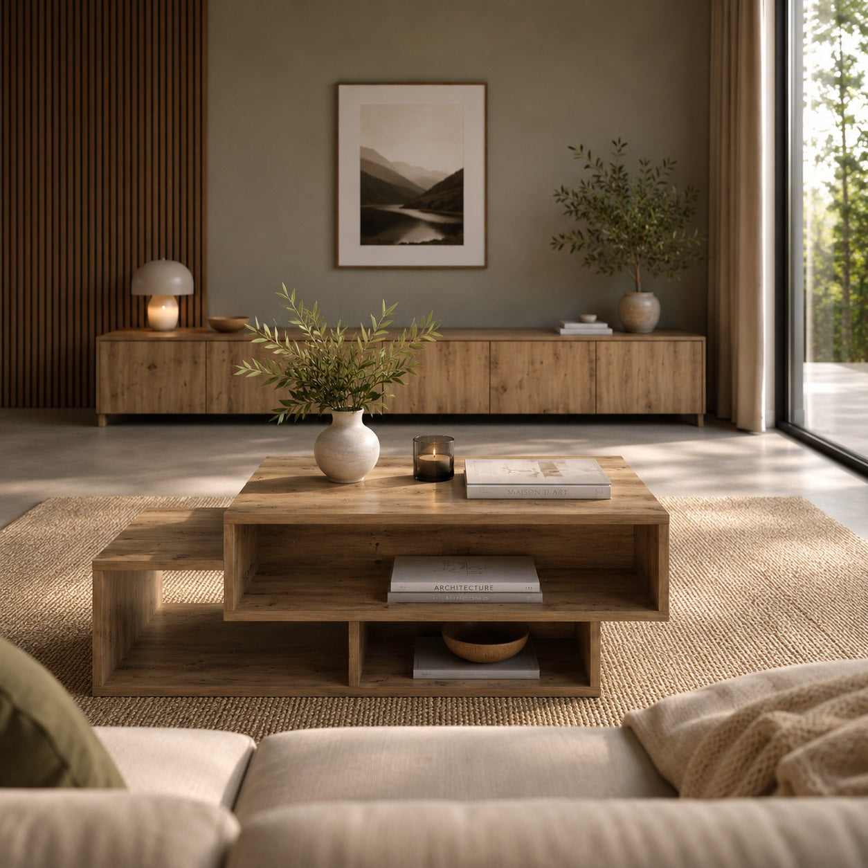 Vue immersive sur table basse en bois chêne avec rangements, séjour contemporain lumineux et style minimaliste.