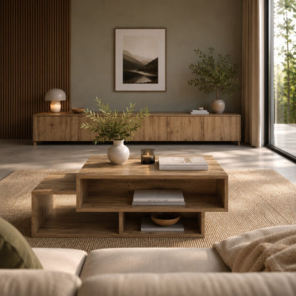 Vue immersive sur table basse en bois chêne avec rangements, séjour contemporain lumineux et style minimaliste.