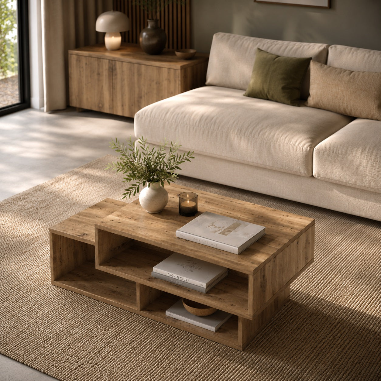 Vue plongeante sur table basse en bois naturel avec étagères ouvertes, tapis texturé et salon cosy moderne beige.