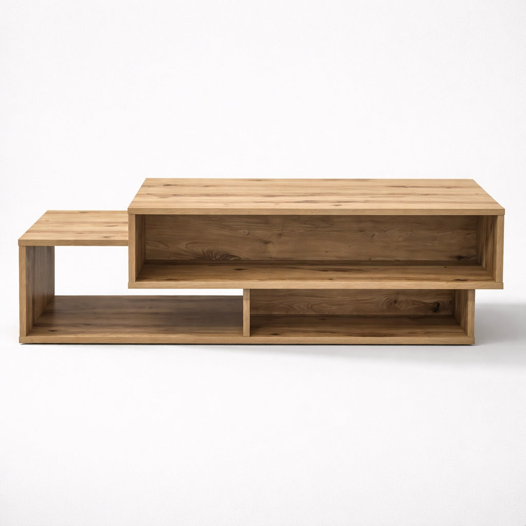 Table basse en bois rectangulaire avec plateaux décalés et niches ouvertes, style contemporain et fonctionnel.