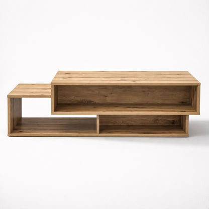 Table basse en bois rectangulaire avec plateaux décalés et niches ouvertes, style contemporain et fonctionnel.
