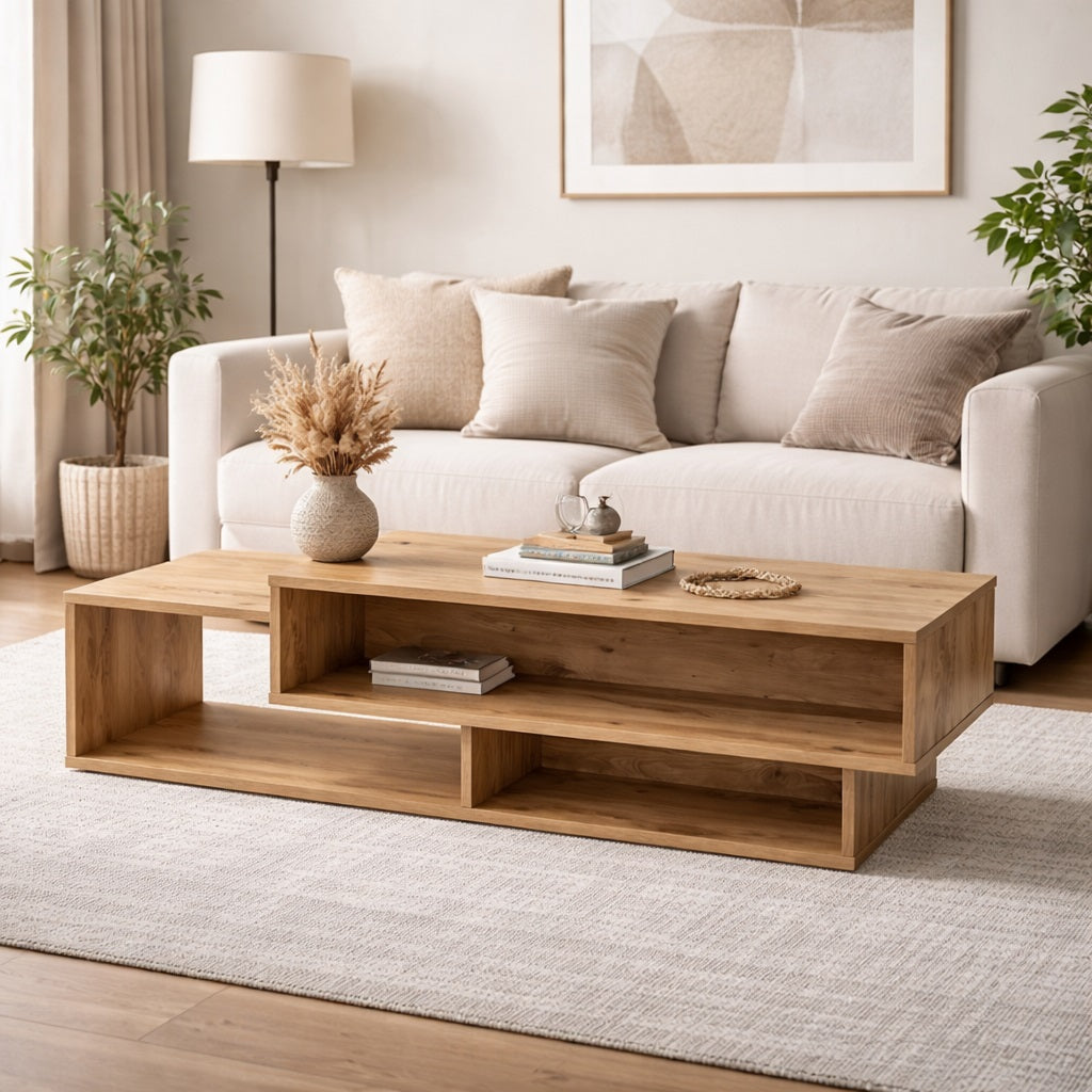Table basse en bois dans un salon lumineux, style chaleureux et moderne avec rangements pratiques.