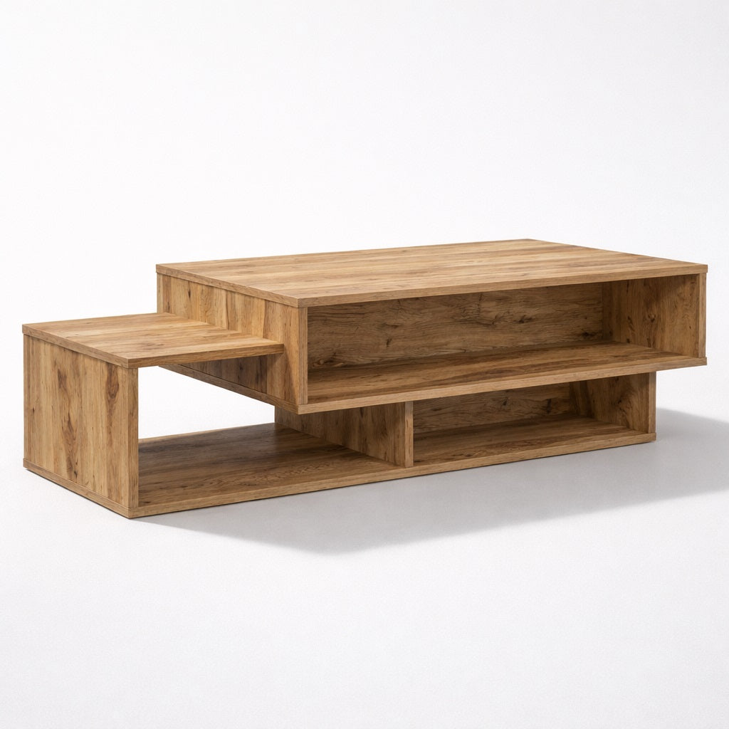 Table basse en bois au design superposé, lignes épurées et rangements intégrés, idéale pour un salon moderne.