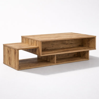 Table basse en bois au design superposé, lignes épurées et rangements intégrés, idéale pour un salon moderne.