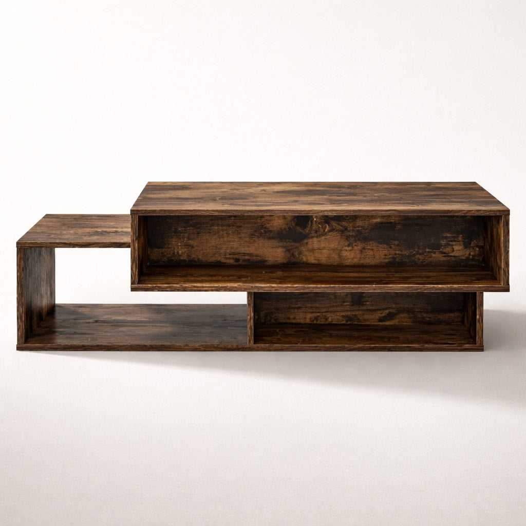 Table basse en bois foncé vue en perspective, structure robuste et rangements intégrés.