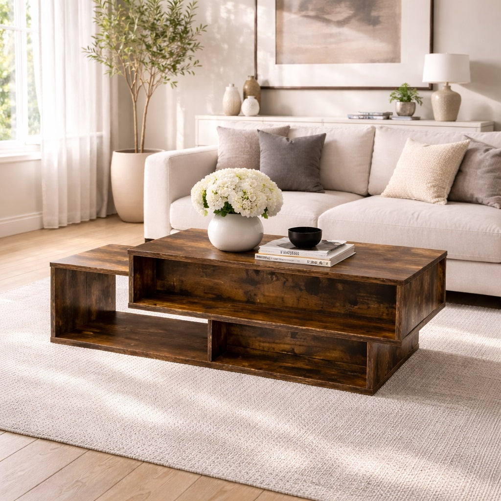 Table basse en bois foncé dans un salon élégant, apportant caractère et fonctionnalité à l’espace.