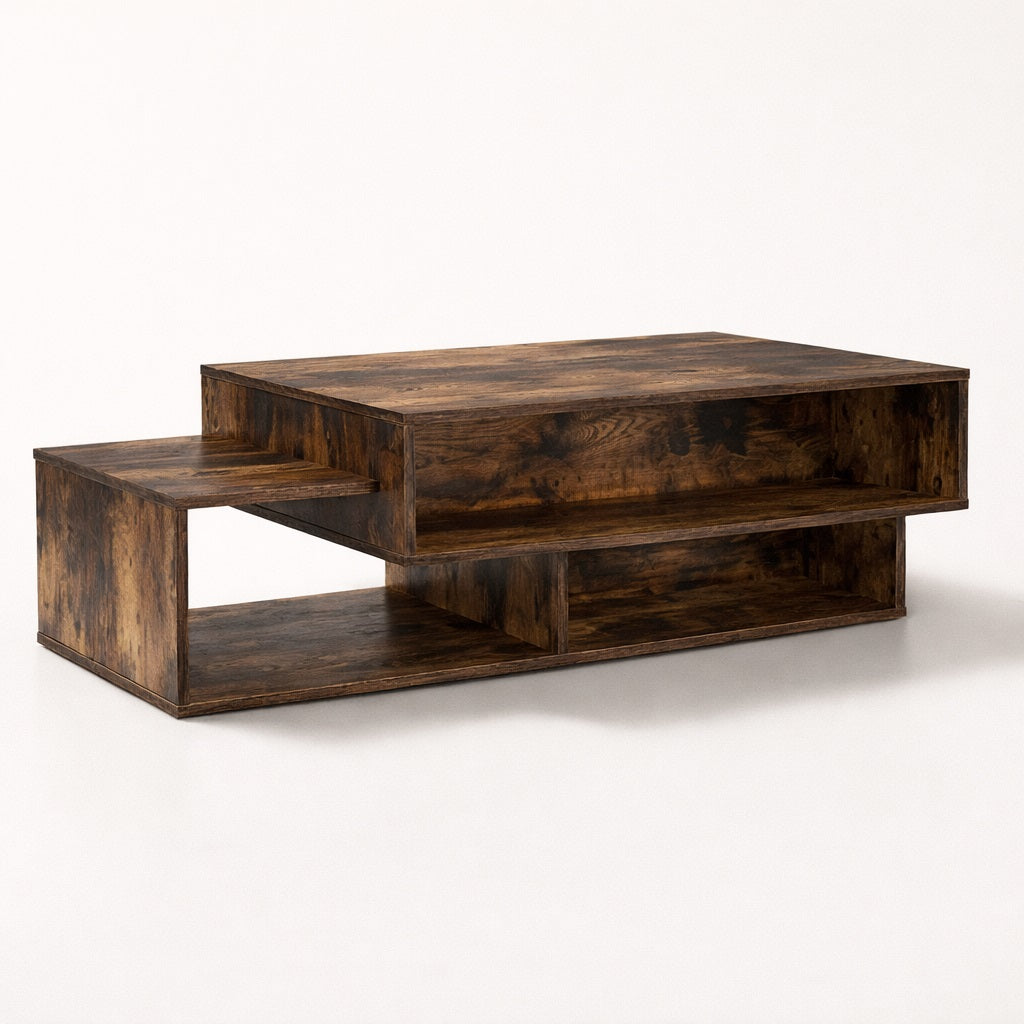 Table basse en bois foncé au design superposé, esprit authentique et lignes graphiques pour salon contemporain.