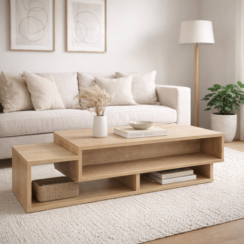 Table basse en bois contemporaine dans un salon lumineux, style naturel et épuré, idéale pour un intérieur moderne.
