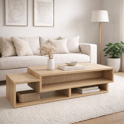 Table basse en bois contemporaine dans un salon lumineux, style naturel et épuré, idéale pour un intérieur moderne.
