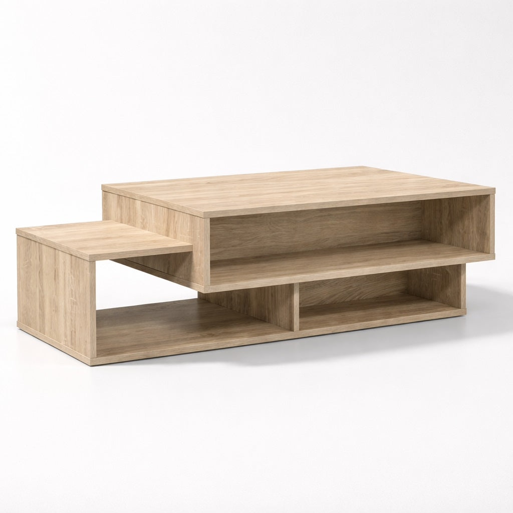 Table basse en bois clair au design superposé, lignes épurées et rangements ouverts pour salon moderne.