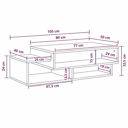 Schéma technique de table basse en bois avec dimensions détaillées, meuble de salon fonctionnel et structuré.