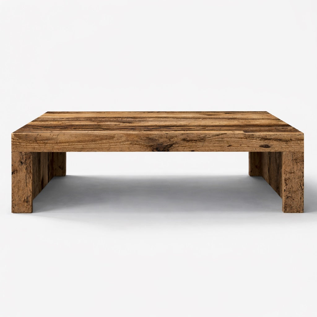 Table basse en bois rectangulaire au design monolithique, idéale comme table basse de salon au style naturel.