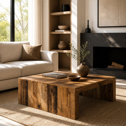 Table basse en bois de salon au charme authentique, intégrée dans un intérieur chaleureux et contemporain.