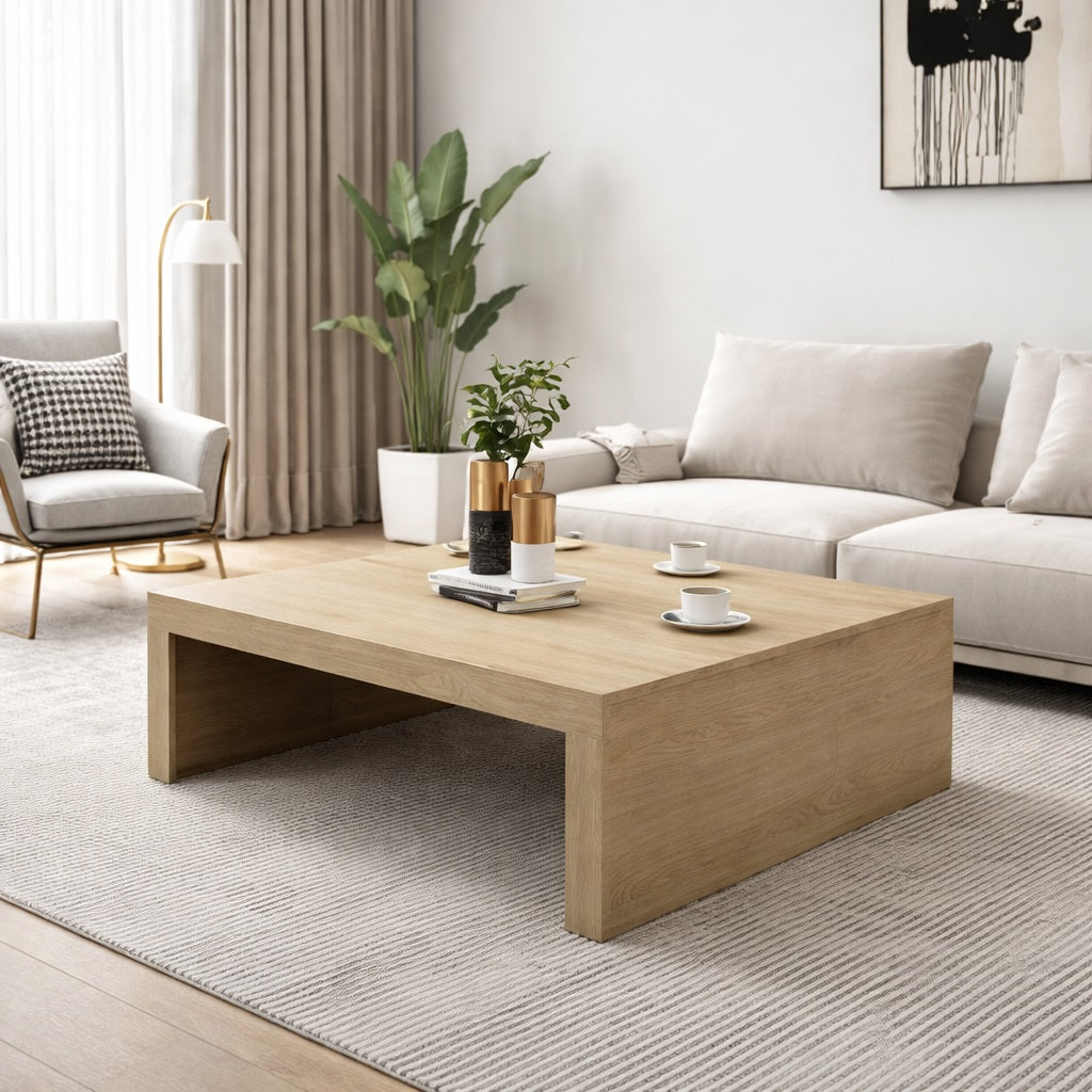 Table basse en bois au design épuré dans un salon lumineux, table basse de salon chaleureuse et naturelle.
