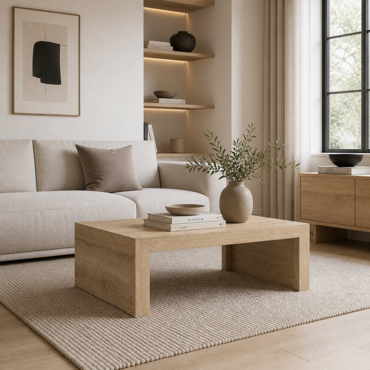 Table basse en bois au design épuré dans un salon lumineux, table basse de salon chaleureuse et naturelle.