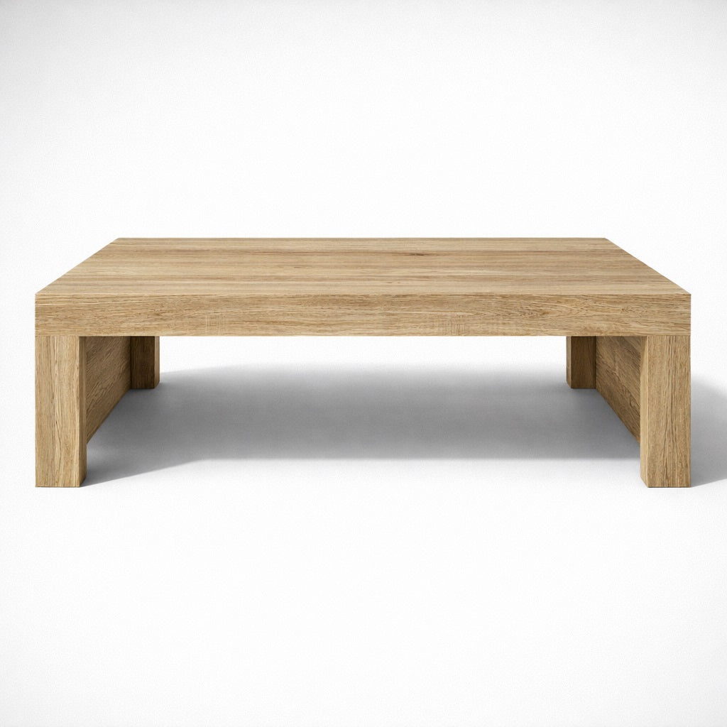 Table basse en bois rectangulaire vue de face, table basse de salon au style minimaliste et lignes nettes.