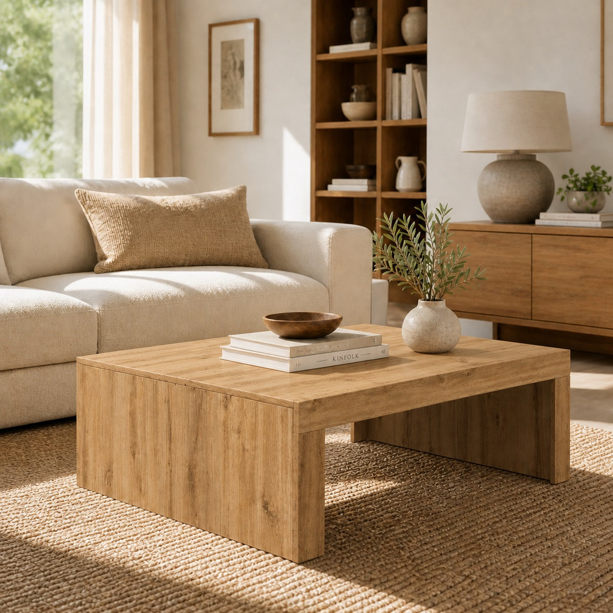 Table basse en bois massif dans salon lumineux, table basse de salon design avec décoration minimaliste