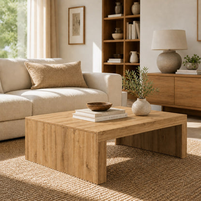 Table basse en bois massif dans salon lumineux, table basse de salon design avec décoration minimaliste
