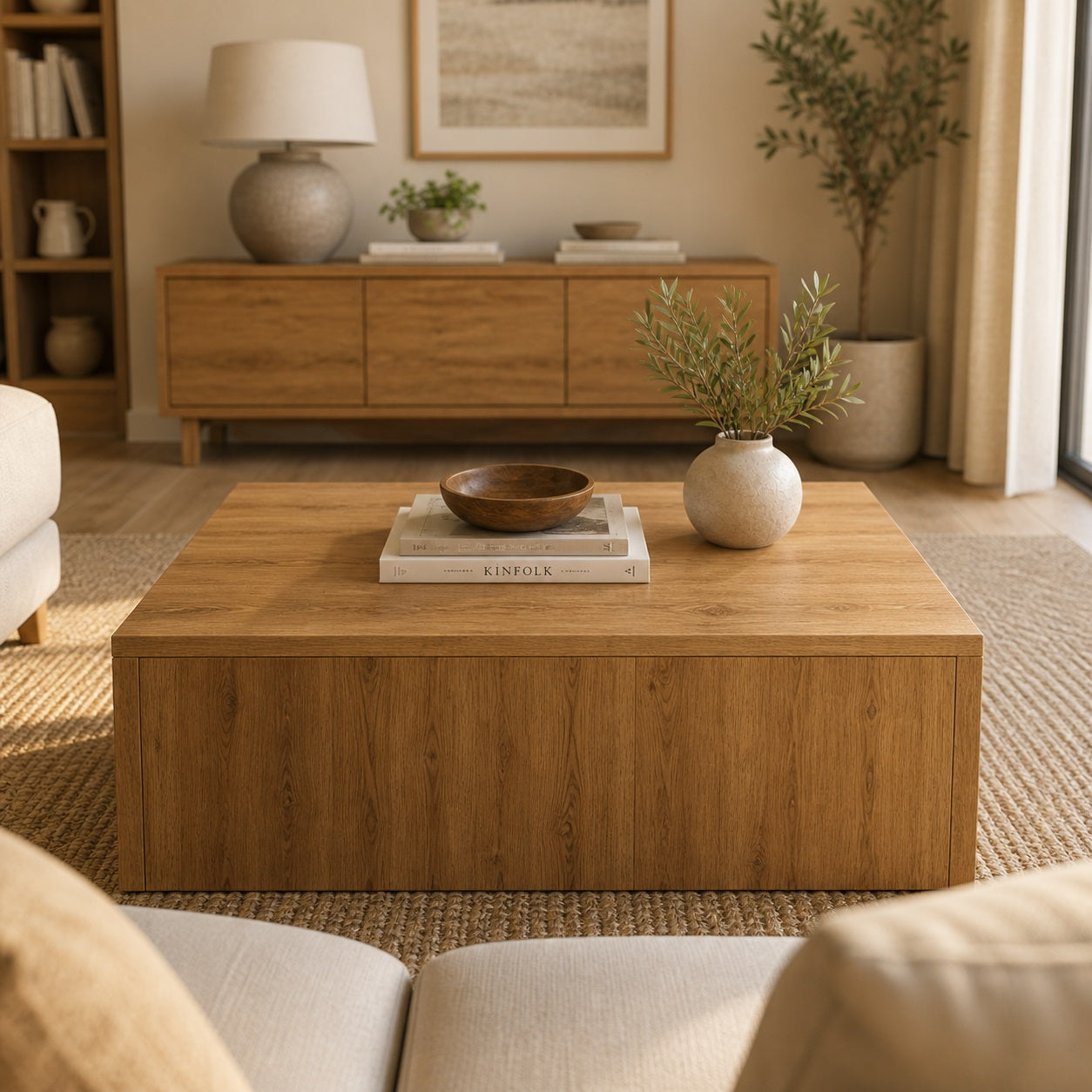Table basse en bois rectangulaire vue face, table basse de salon moderne avec décoration épurée