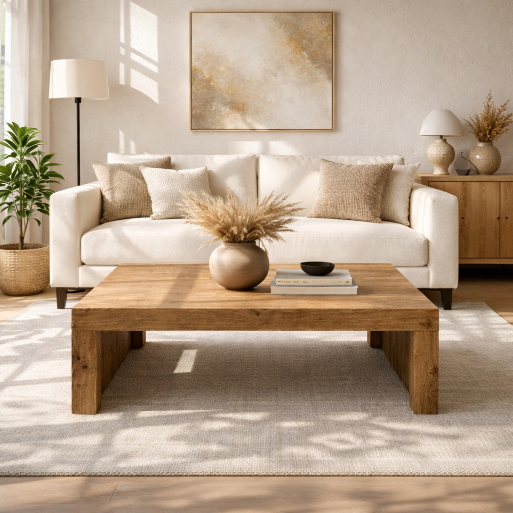 Table basse en bois placée dans un salon cosy, table basse de salon idéale pour une décoration chaleureuse.