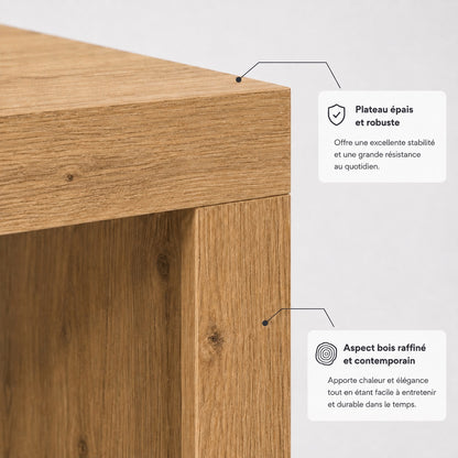 Zoom plateau table basse en bois texture chêne, table basse de salon design finition naturelle