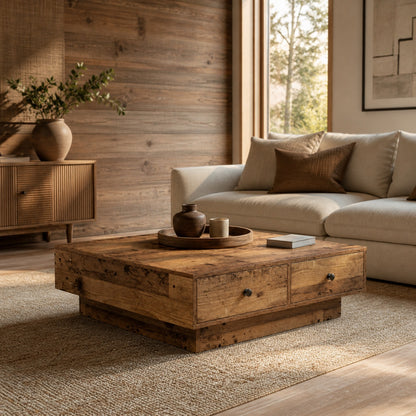 Table basse en bois ancien dans salon cosy, table basse de salon chaleureuse avec tiroirs intégrés
