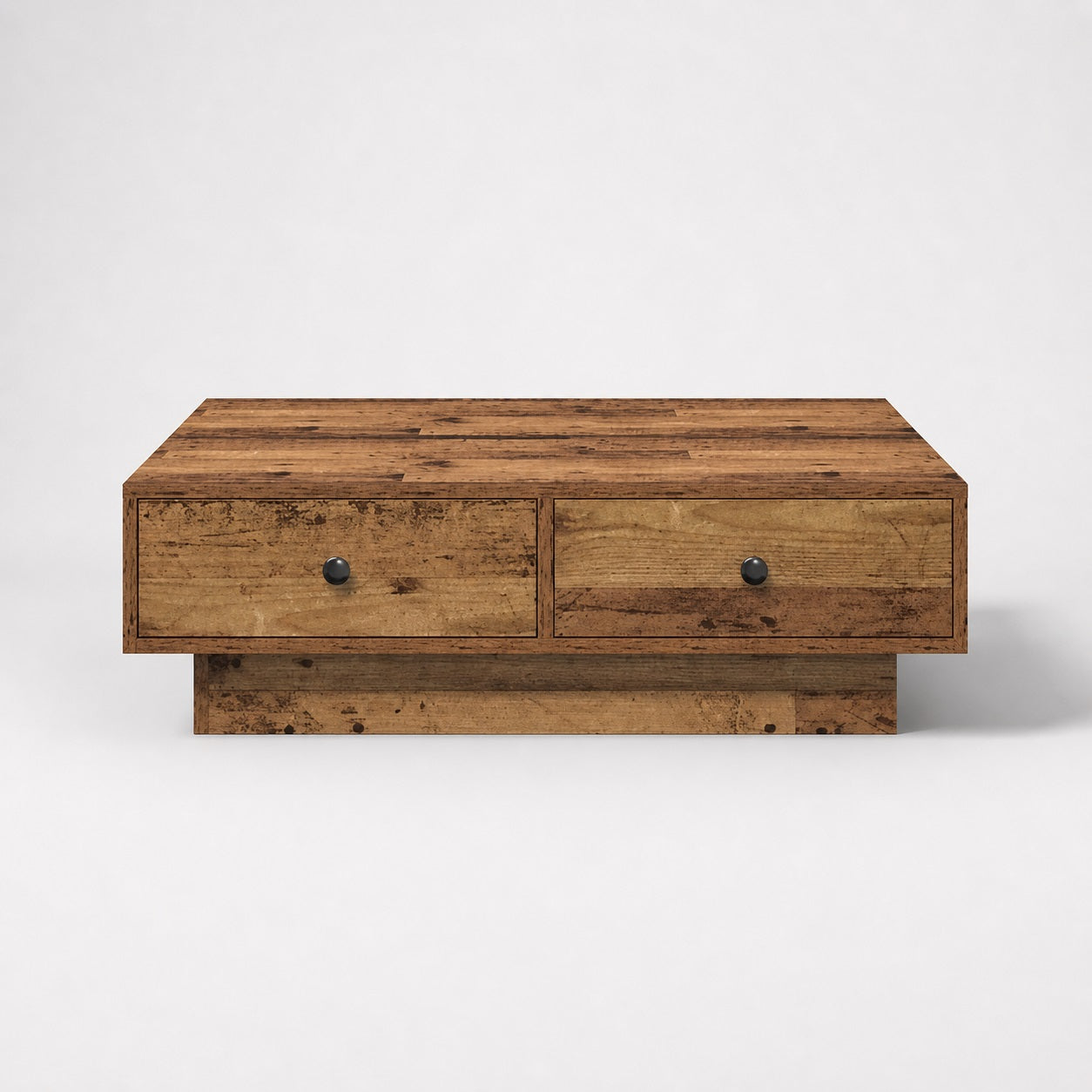 Table basse en bois vue face avec tiroirs, table basse de salon pratique et design rustique