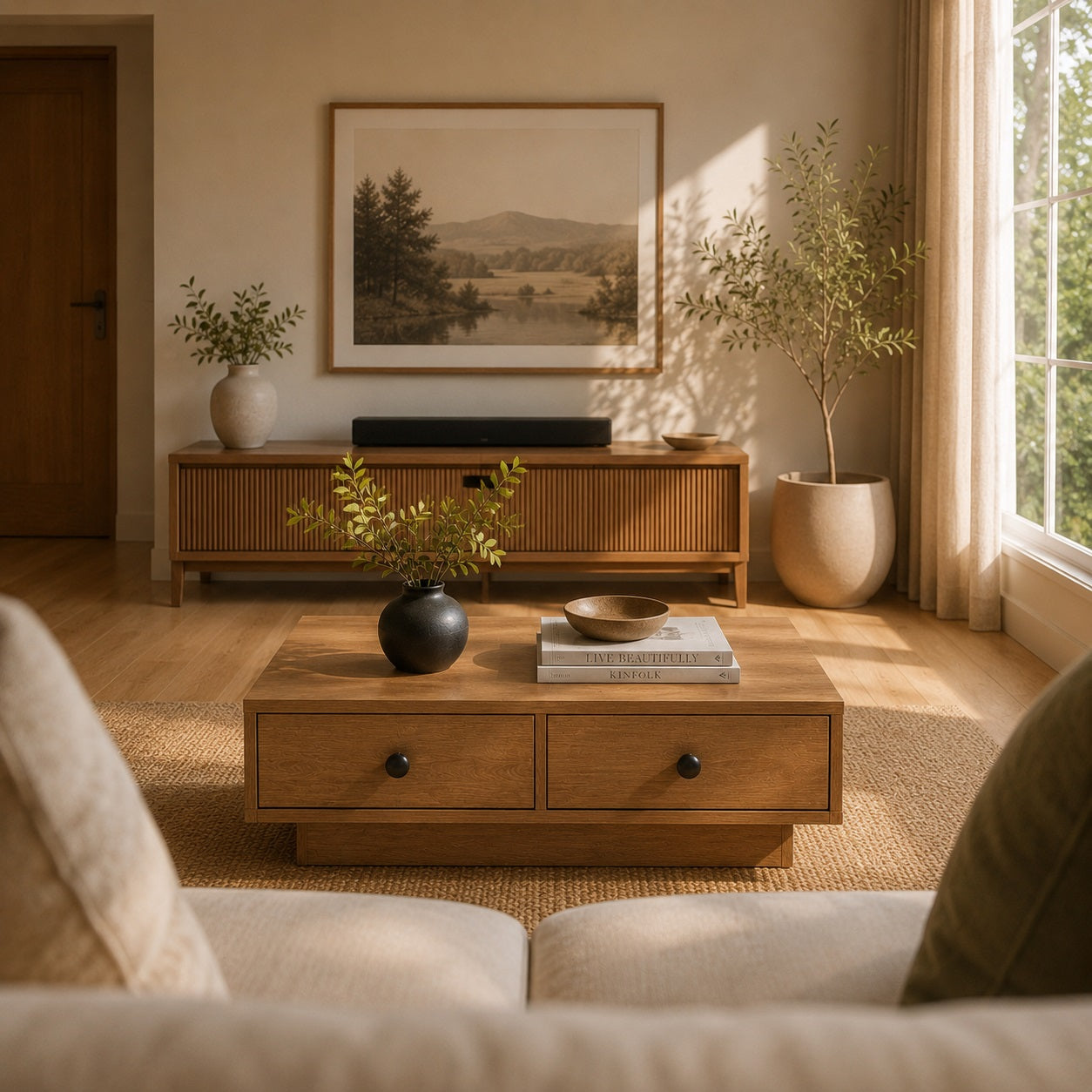 Vue immersive d’une table basse en chêne depuis le canapé dans un salon beige lumineux au design naturel et épuré.