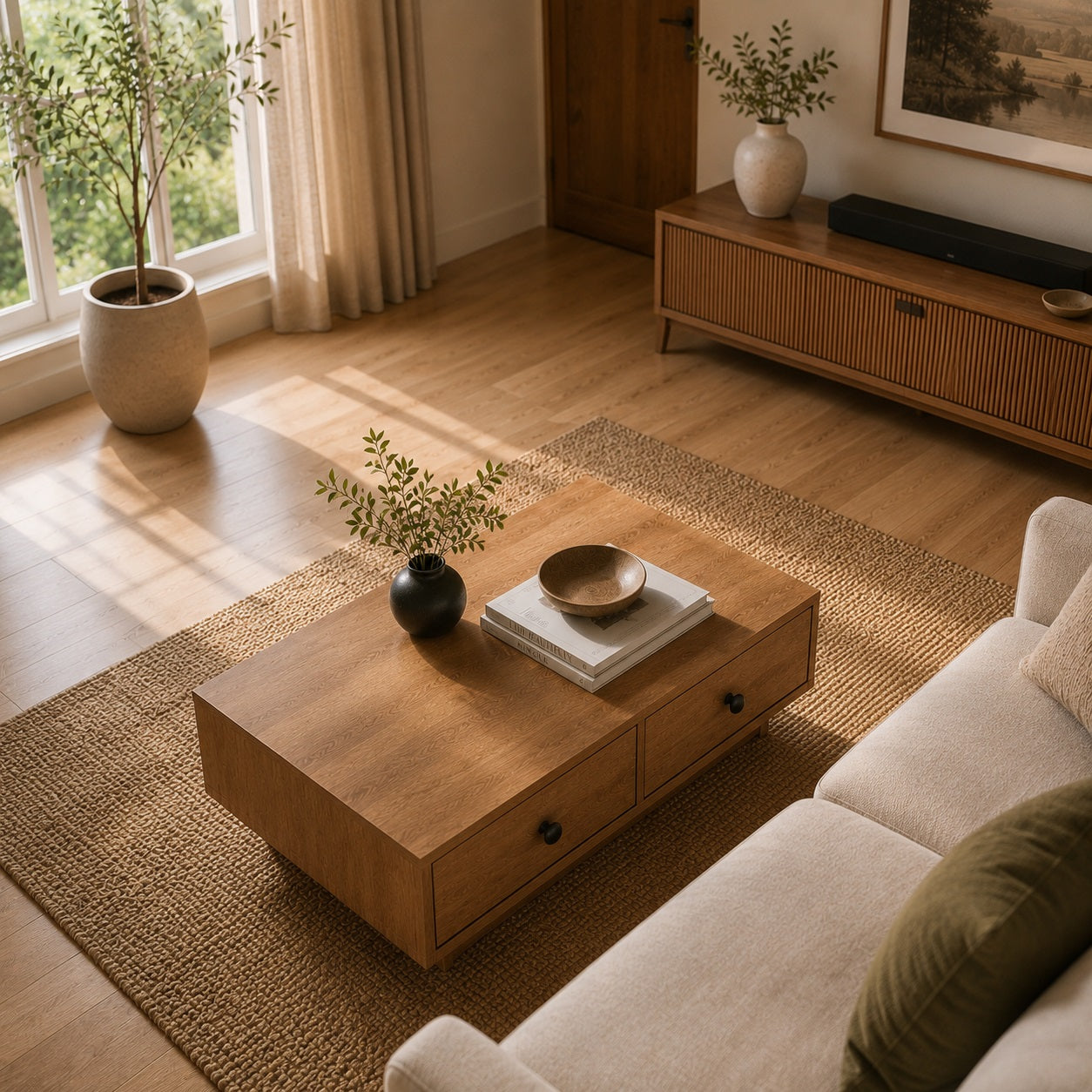 Table basse en bois vue depuis le canapé dans un salon chaleureux baigné de lumière naturelle au style scandinave apaisant.