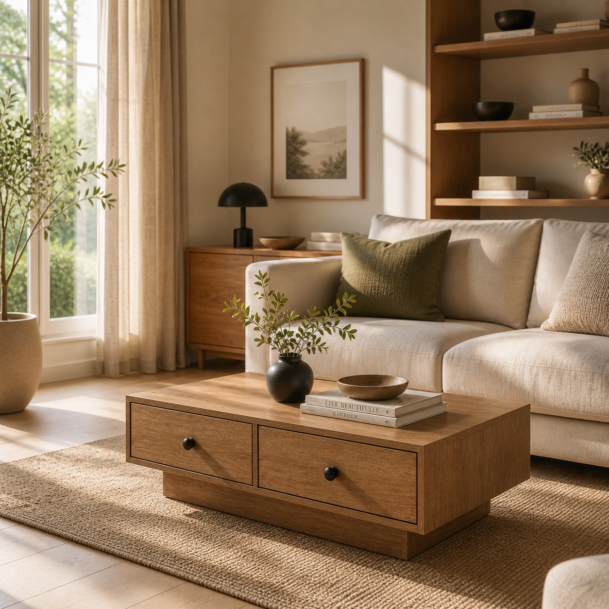 Table basse en bois chêne dans salon lumineux, table basse de salon élégante et naturelle