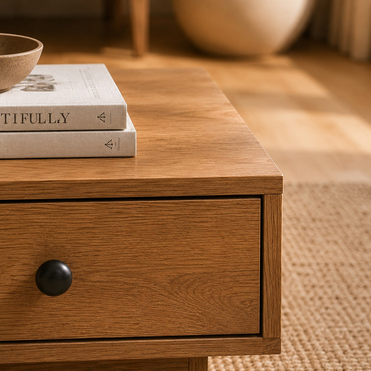 Gros plan sur une table basse en bois avec tiroir, texture chêne détaillée, livres décoratifs et lumière naturelle douce.