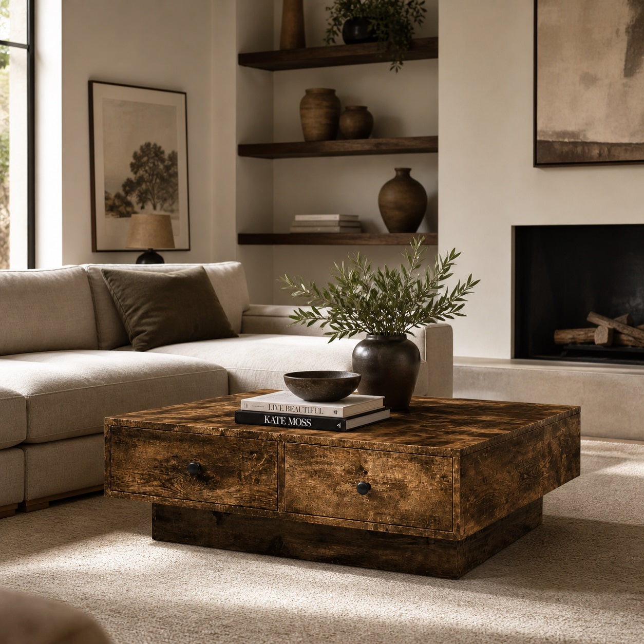 Table basse en bois chêne fumé dans salon cosy, table basse de salon élégante et chaleureuse